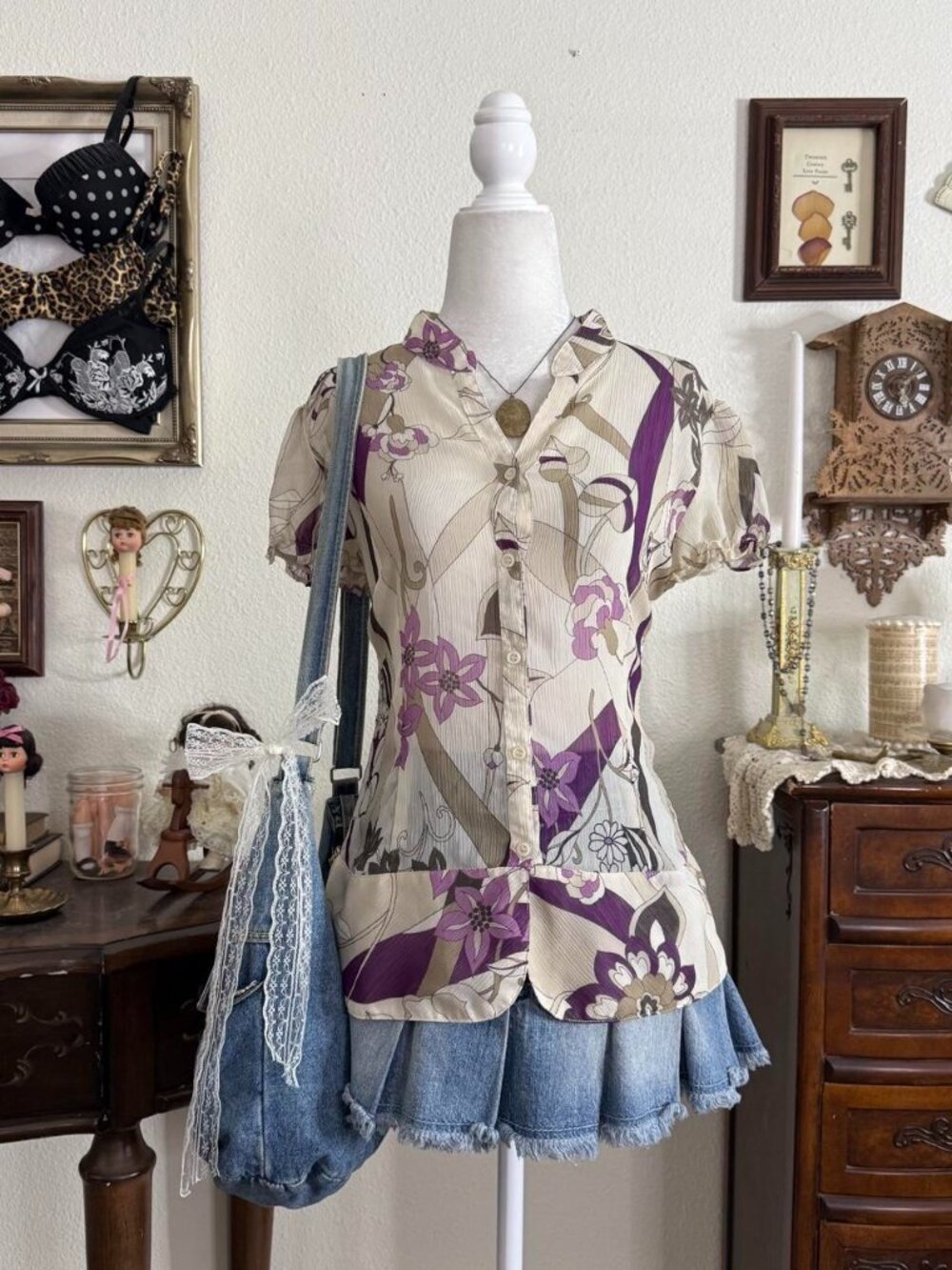 Y2k quirky whimsical floral abstract sheer puff sleeve blouse